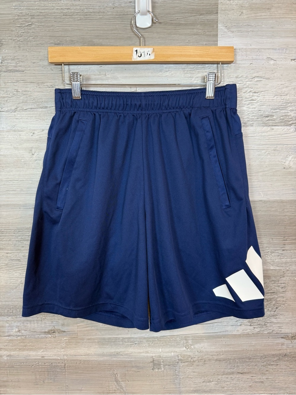 adidas Men's Size Medium Navy Train Icons Big Logo Zipper Pocket Shorts 9"